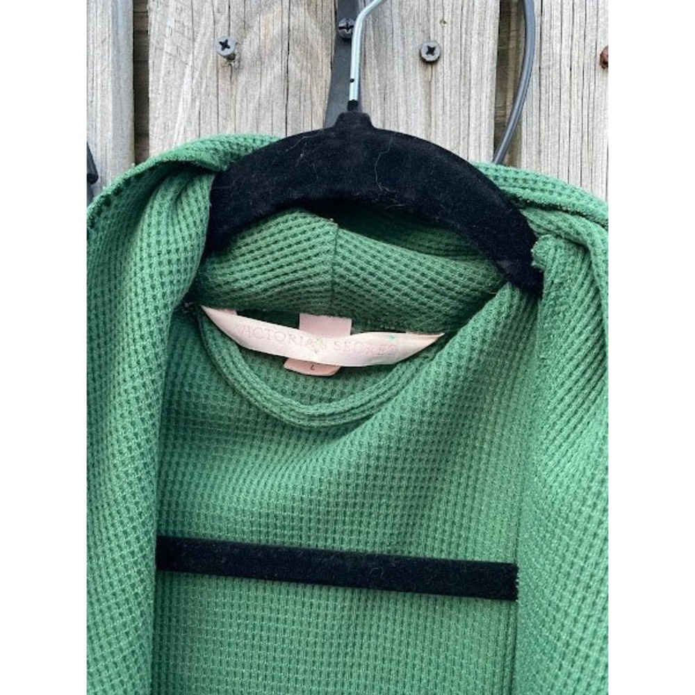 Victorias Secret Waffle Knit Robe Forest Green Shawl Collar Belted Pocket Large - Picture 2 of 5